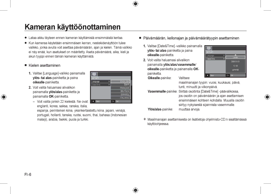 Samsung EC-I8ZZZWBA/CA, EC-I8ZZZPBA/E2, EC-I8ZZZWBA/E3, EC-I8ZZZPBA/GB Kameran käyttöönottaminen,  Kielen asettaminen, FI-6 