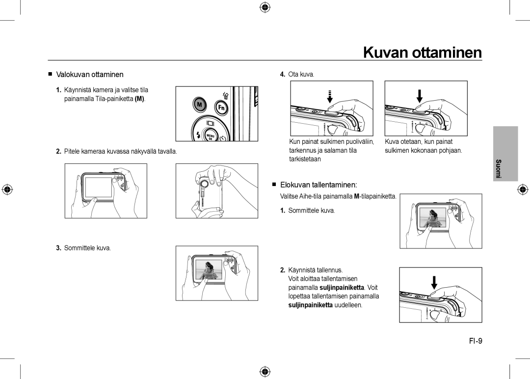 Samsung EC-I8ZZZBBA/AR, EC-I8ZZZPBA/E2 manual Kuvan ottaminen,  Valokuvan ottaminen,  Elokuvan tallentaminen, FI-9 