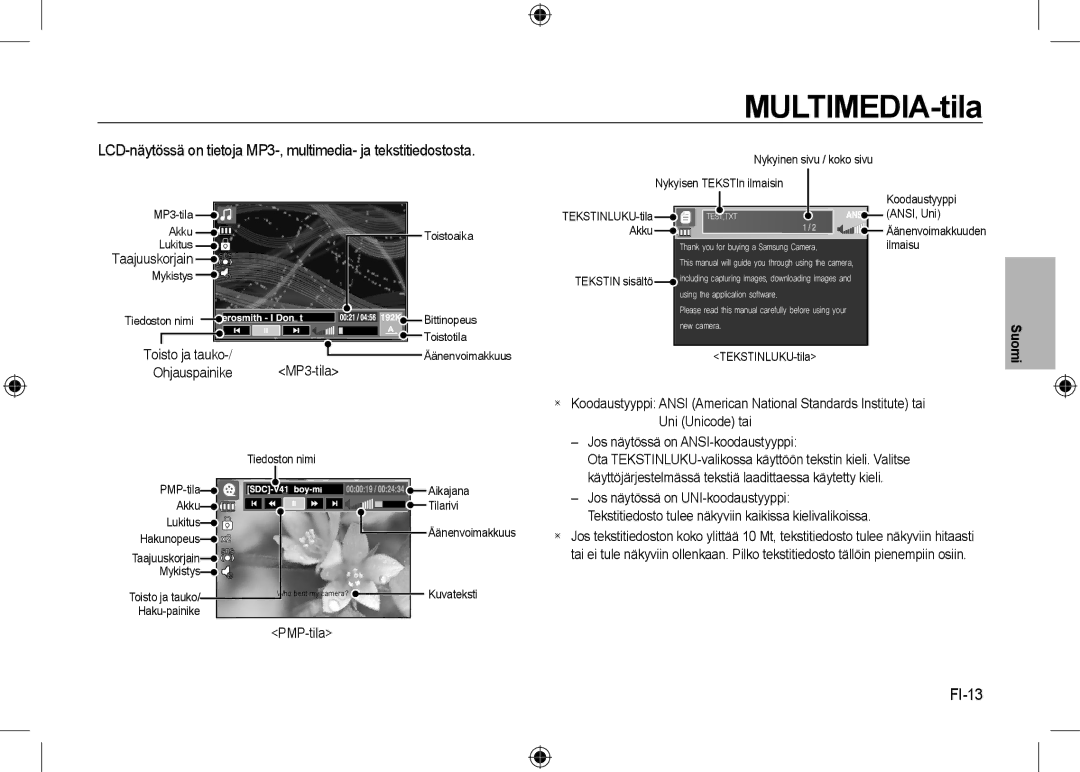 Samsung EC-I8ZZZPBA/US, EC-I8ZZZPBA/E2, EC-I8ZZZWBA/E3 manual FI-13, Toisto ja tauko MP3-tila, Ohjauspainike, PMP-tila 