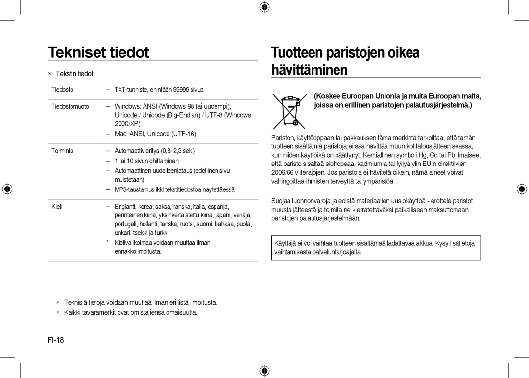 Samsung EC-I8ZZZUYA/CA, EC-I8ZZZPBA/E2, EC-I8ZZZWBA/E3, EC-I8ZZZPBA/GB manual Tuotteen paristojen oikea hävittäminen, FI-18 