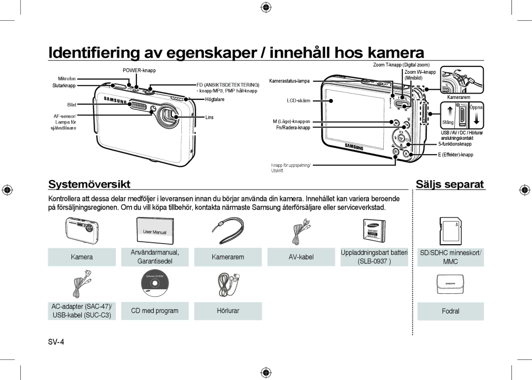 Samsung EC-I8ZZZWBA/TW Identiﬁering av egenskaper / innehåll hos kamera, Systemöversikt, Säljs separat, SV-4, AV-kabel 