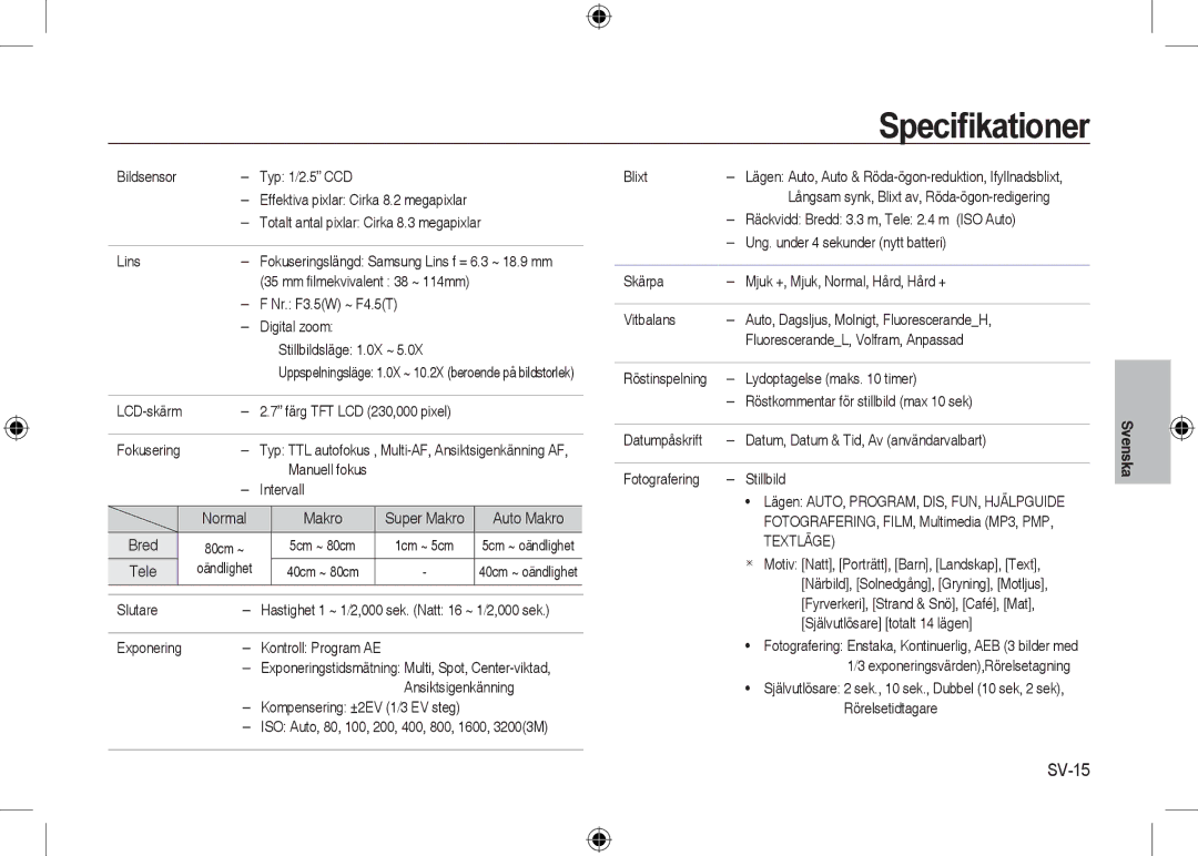 Samsung EC-I8ZZZBBA/HK, EC-I8ZZZPBA/E2, EC-I8ZZZWBA/E3, EC-I8ZZZPBA/GB, EC-I8ZZZBBA/E3, EC-I8ZZZPBB/FR Speciﬁkationer, SV-15 