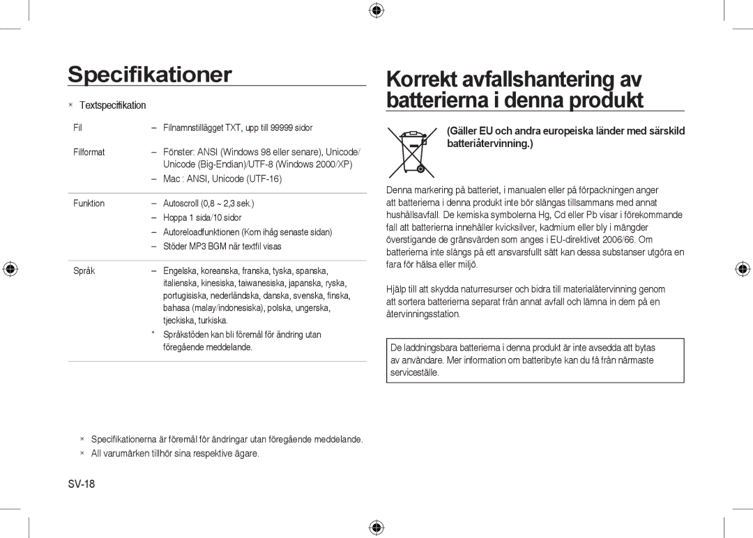 Samsung EC-I8ZZZBBC/AS, EC-I8ZZZPBA/E2, EC-I8ZZZWBA/E3 manual Korrekt avfallshantering av batterierna i denna produkt, SV-18 