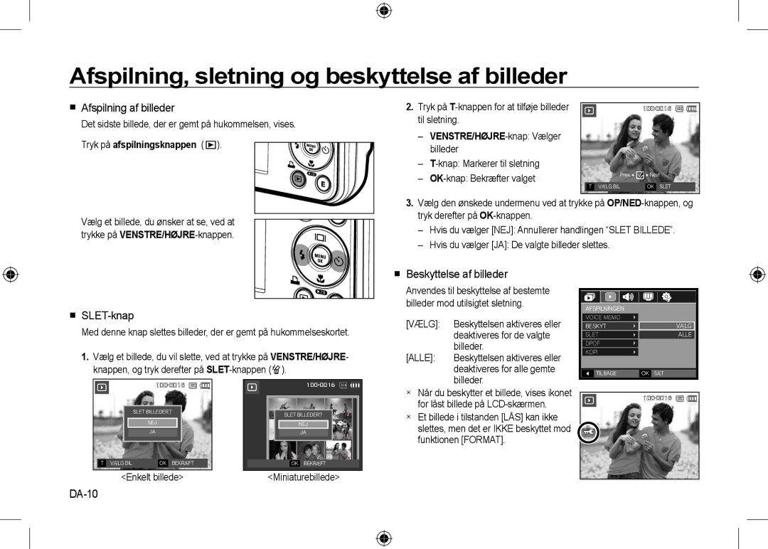 Samsung EC-I8ZZZPBA/TW manual Afspilning, sletning og beskyttelse af billeder,  Afspilning af billeder,  SLET-knap, DA-10 