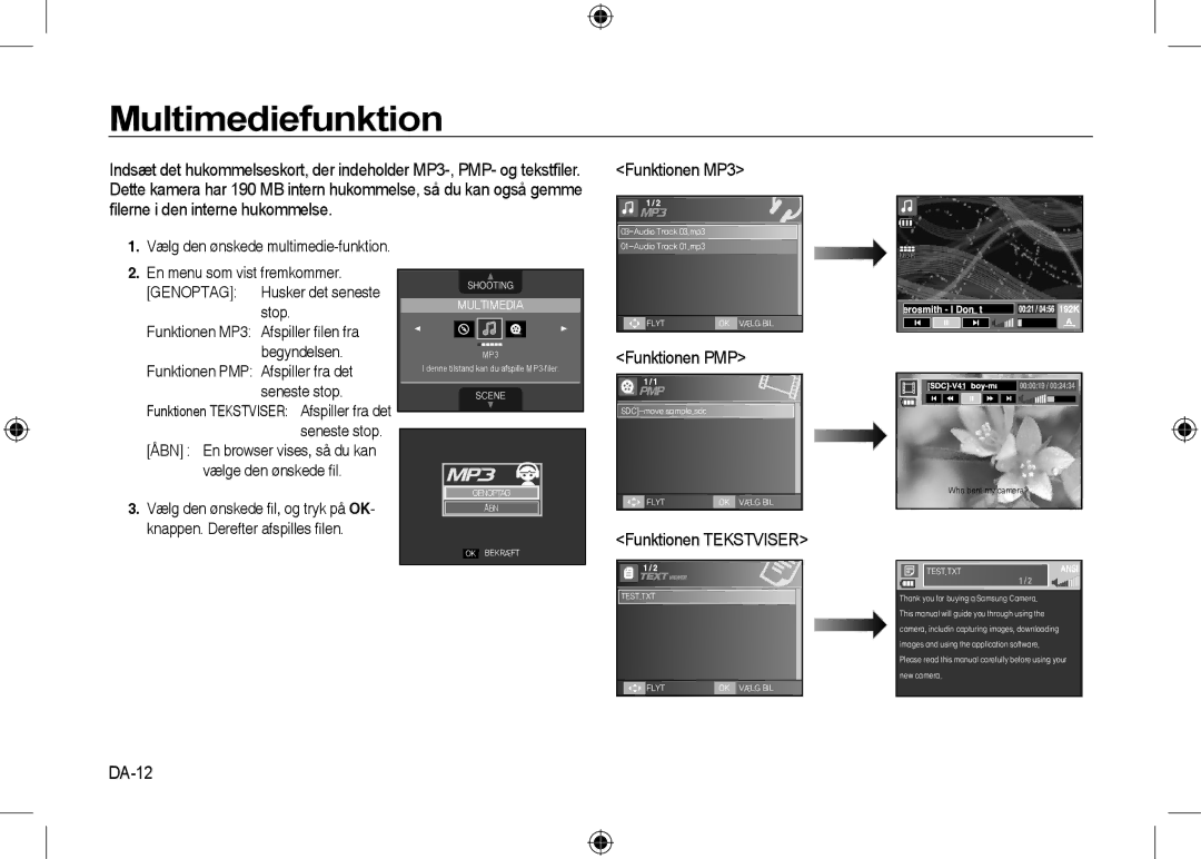 Samsung EC-I8ZZZPYA/CA, EC-I8ZZZPBA/E2, EC-I8ZZZWBA/E3, EC-I8ZZZPBA/GB manual Funktionen PMP, Funktionen Tekstviser, DA-12 