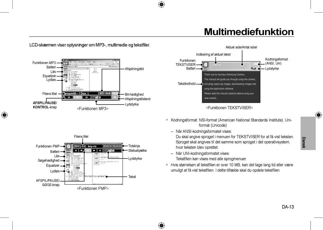 Samsung EC-I8ZZZUBA/AR, EC-I8ZZZPBA/E2, EC-I8ZZZWBA/E3, EC-I8ZZZPBA/GB manual DA-13, Funktionen MP3, Funktionen Tekstviser 