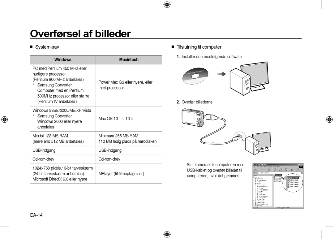 Samsung EC-I8ZZZUBA/AU manual Overførsel af billeder,  Systemkrav,  Tilslutning til computer, DA-14, Windows Macintosh 