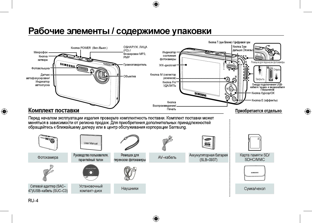 Samsung EC-I8ZZZUBB/MX, EC-I8ZZZPBA/E2, EC-I8ZZZWBA/E3 manual Рабочие элементы / содержимое упаковки, RU-4, AV-кабель 