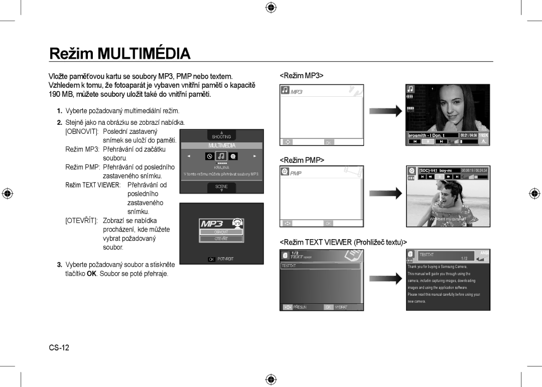 Samsung EC-I8ZZZBBA/VN, EC-I8ZZZPBA/E2, EC-I8ZZZWBA/E3 manual Režim MP3, Režim PMP, Režim Text Viewer Prohlížeč textu, CS-12 