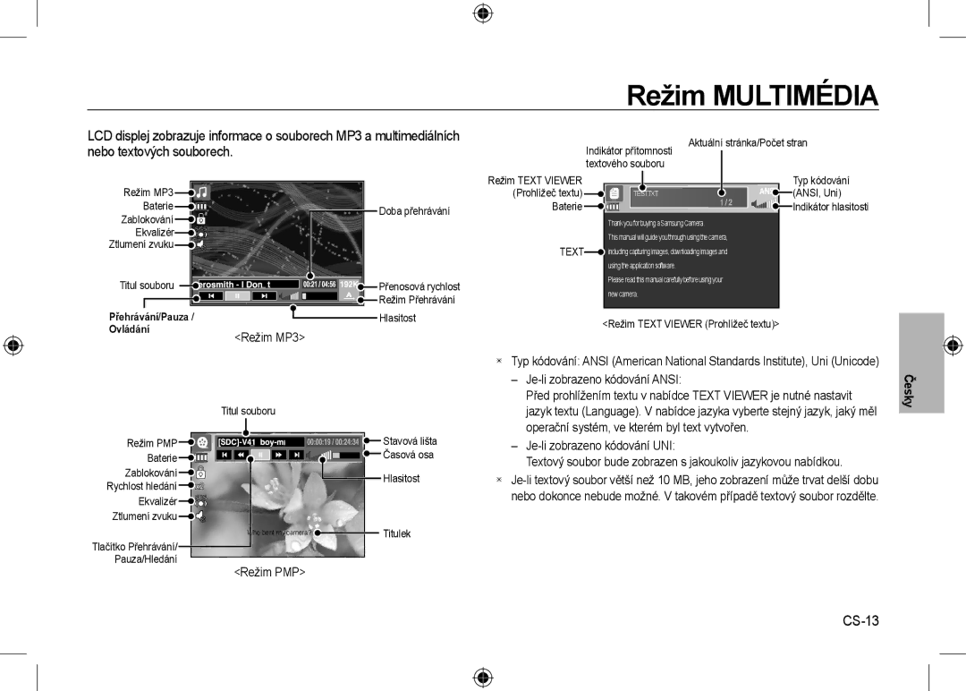 Samsung EC-I8ZZZUBA/VN, EC-I8ZZZPBA/E2, EC-I8ZZZWBA/E3 manual CS-13, Režim MP3, Režim PMP, Je-li zobrazeno kódování Ansi 