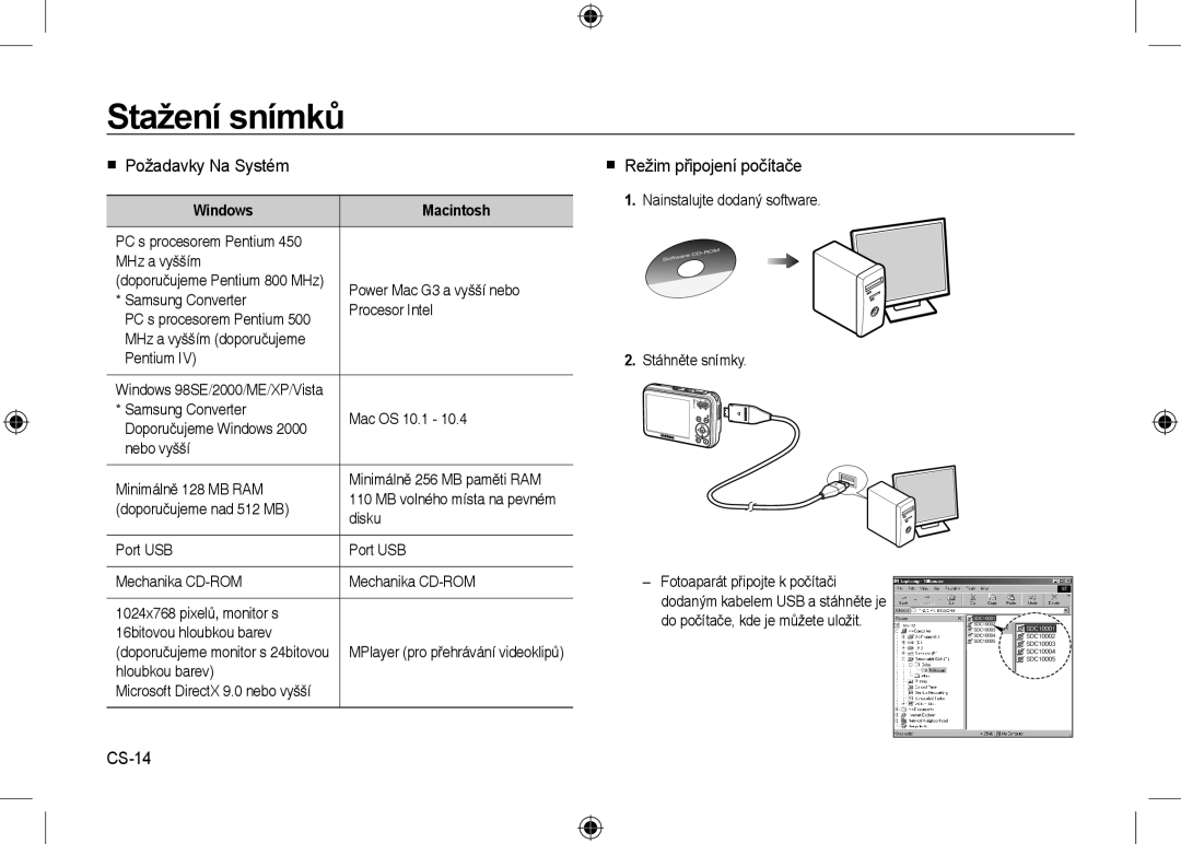 Samsung EC-I8ZZZPBA/VN manual Stažení snímků,  Požadavky Na Systém,  Režim připojení počítače, CS-14, Windows Macintosh 