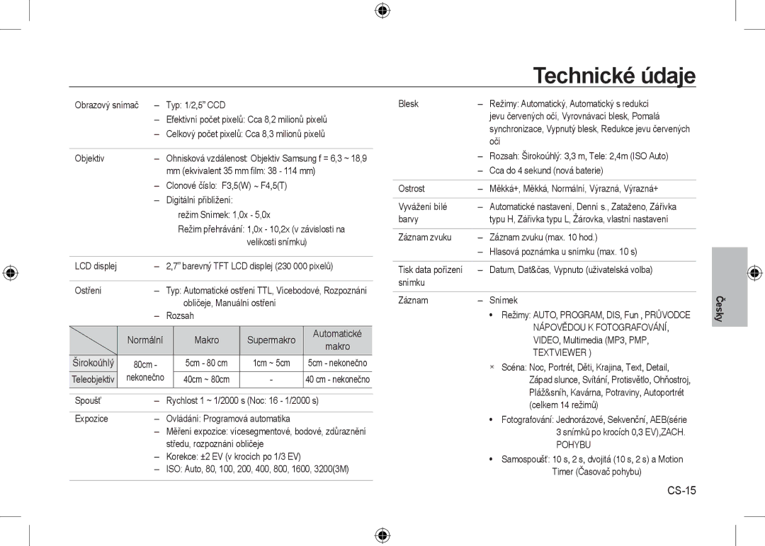 Samsung EC-I8ZZZWBA/VN, EC-I8ZZZPBA/E2, EC-I8ZZZWBA/E3, EC-I8ZZZPBA/GB, EC-I8ZZZBBA/E3, EC-I8ZZZPBB/FR Technické údaje, CS-15 