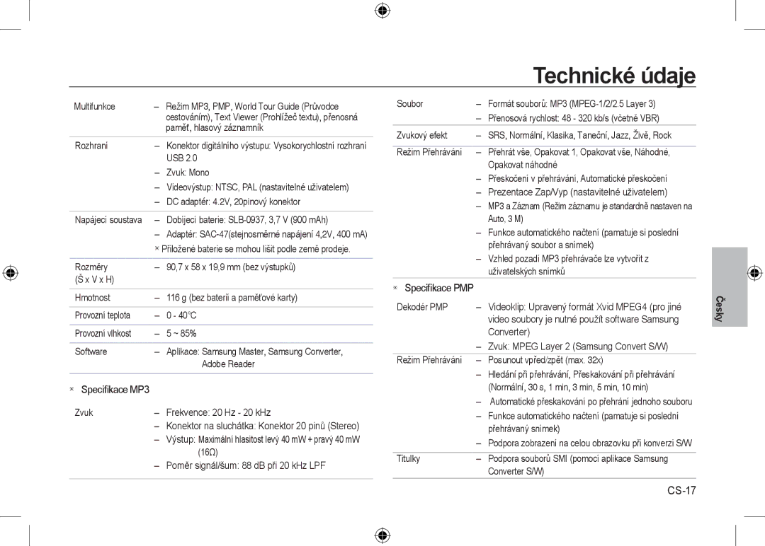 Samsung EC-I8ZZZPBA/LV, EC-I8ZZZPBA/E2, EC-I8ZZZWBA/E3, EC-I8ZZZPBA/GB manual CS-17,  Speciﬁkace MP3,  Speciﬁkace PMP 