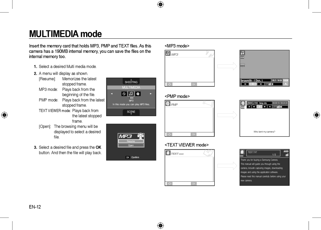 Samsung EC-I8ZZZPBA/FR, EC-I8ZZZPBA/E2, EC-I8ZZZWBA/E3, EC-I8ZZZPBA/GB, EC-I8ZZZBBA/E3 manual PMP mode, Text Viewer mode, EN-12 