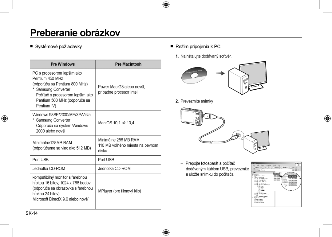 Samsung EC-I8ZZZPBA/FR, EC-I8ZZZPBA/E2 manual Preberanie obrázkov,  Systémové požiadavky,  Režim pripojenia k PC, SK-14 