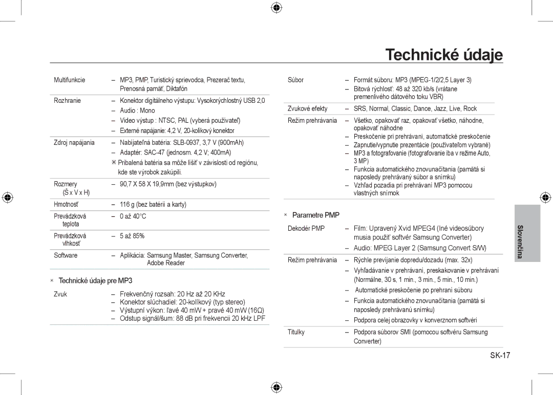 Samsung EC-I8ZZZUBB/FR, EC-I8ZZZPBA/E2, EC-I8ZZZWBA/E3, EC-I8ZZZPBA/GB SK-17,  Technické údaje pre MP3,  Parametre PMP 