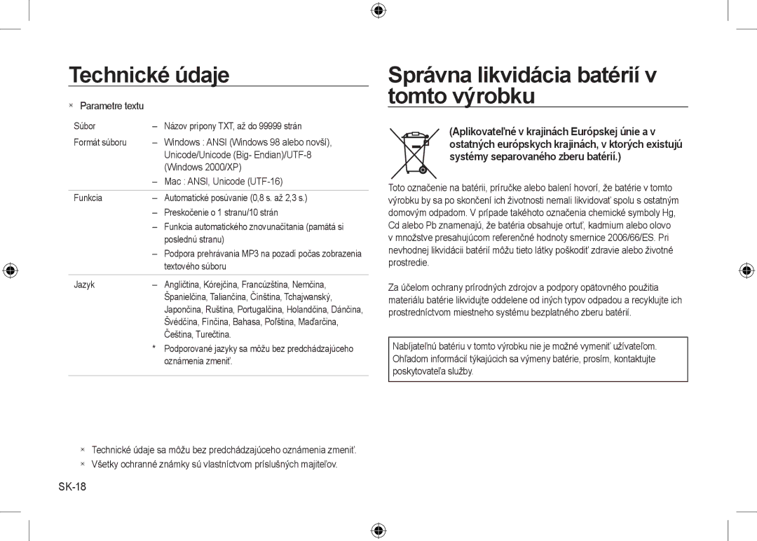 Samsung EC-I8ZZZBBA/E2, EC-I8ZZZPBA/E2, EC-I8ZZZWBA/E3 Správna likvidácia batérií v tomto výrobku, SK-18,  Parametre textu 