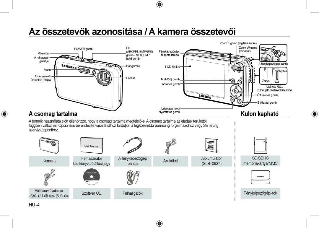 Samsung EC-I8ZZZUBA/IT manual Az összetevők azonosítása / a kamera összetevői, Csomag tartalma, Külön kapható, HU-4 