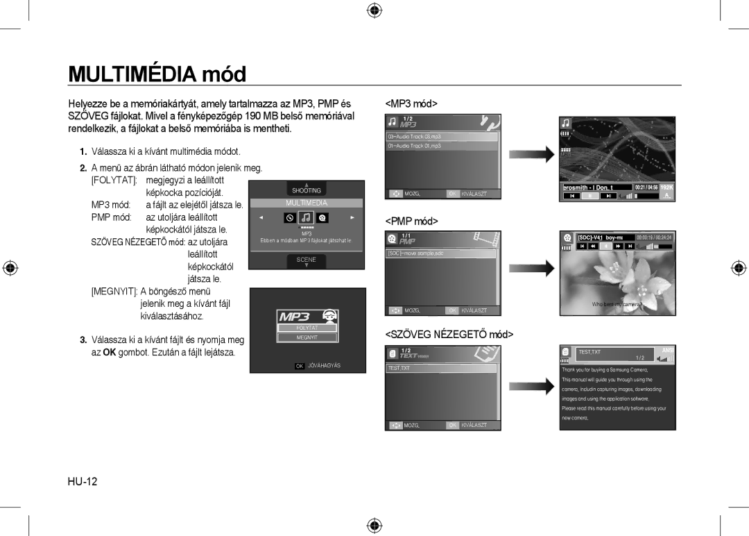 Samsung EC-I8ZZZBBA/IT, EC-I8ZZZPBA/E2, EC-I8ZZZWBA/E3, EC-I8ZZZPBA/GB manual MP3 mód, PMP mód, Szöveg Nézegető mód, HU-12 