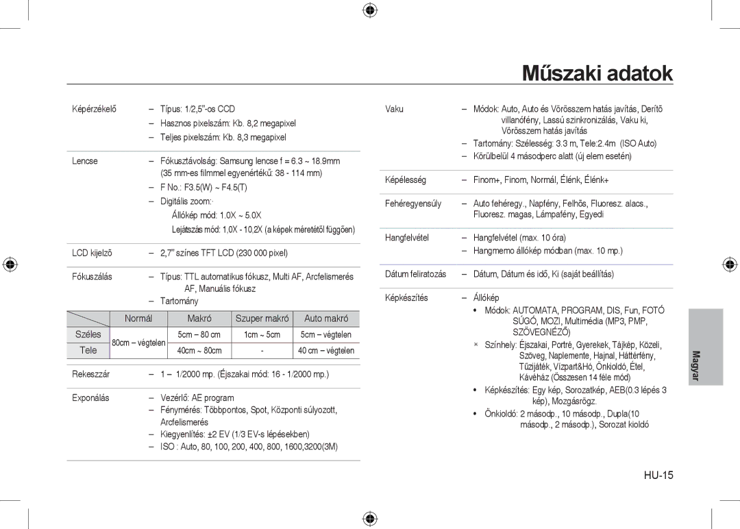 Samsung EC-I8ZZZWBA/AS, EC-I8ZZZPBA/E2, EC-I8ZZZWBA/E3, EC-I8ZZZPBA/GB, EC-I8ZZZBBA/E3, EC-I8ZZZPBB/FR Műszaki adatok, HU-15 