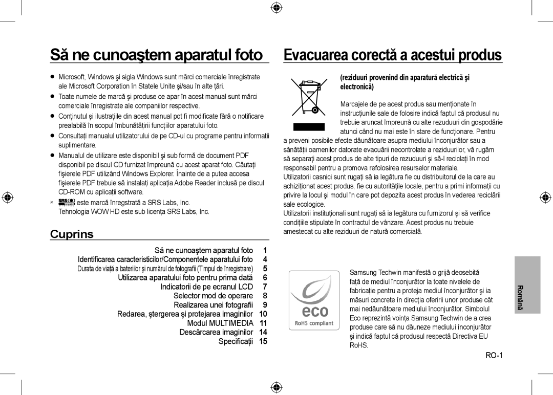 Samsung EC-I8ZZZUBA/HK, EC-I8ZZZPBA/E2 manual Cuprins, RO-1, Marcajele de pe acest produs sau menţionate în, Română 