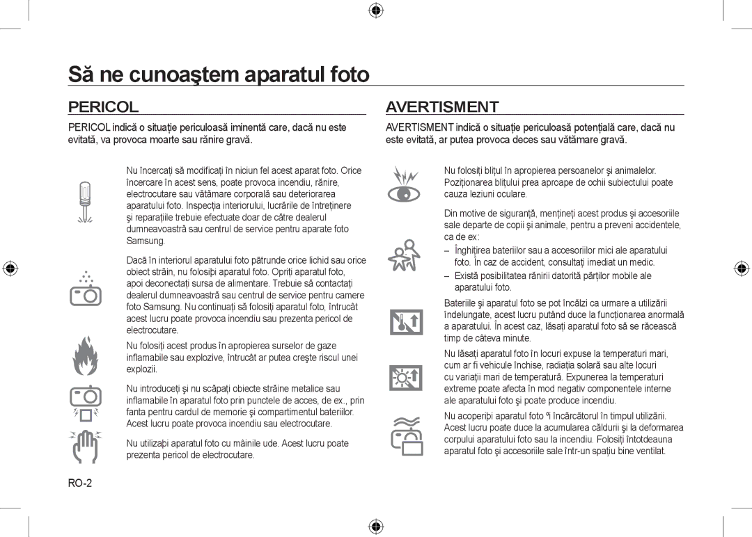 Samsung EC-I8ZZZWBA/AU, EC-I8ZZZPBA/E2, EC-I8ZZZWBA/E3 manual Să ne cunoaştem aparatul foto, Pericol, Avertisment, RO-2 