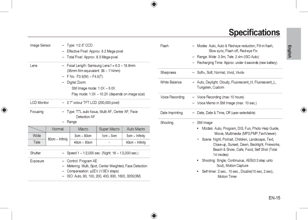 Samsung EC-I8ZZZUBB/FR, EC-I8ZZZPBA/E2, EC-I8ZZZWBA/E3, EC-I8ZZZPBA/GB, EC-I8ZZZBBA/E3, EC-I8ZZZPBB/FR Speciﬁcations, EN-15 