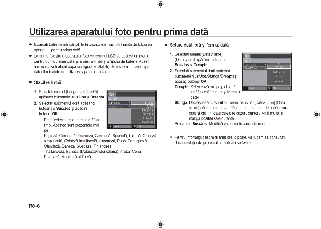 Samsung EC-I8ZZZBBA/TR Utilizarea aparatului foto pentru prima dată,  Stabilire limbă,  Setare dată, oră şi format dată 