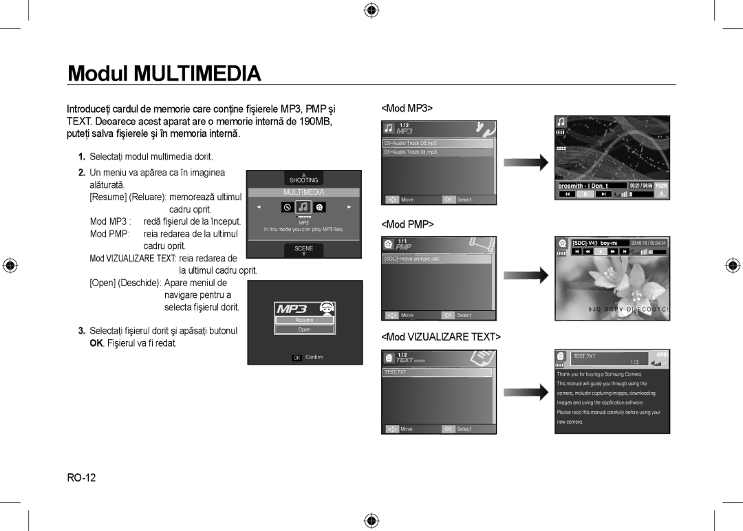 Samsung EC-I8ZZZWYA/CA, EC-I8ZZZPBA/E2, EC-I8ZZZWBA/E3, EC-I8ZZZPBA/GB manual Mod MP3, Mod PMP, Mod Vizualizare Text, RO-12 