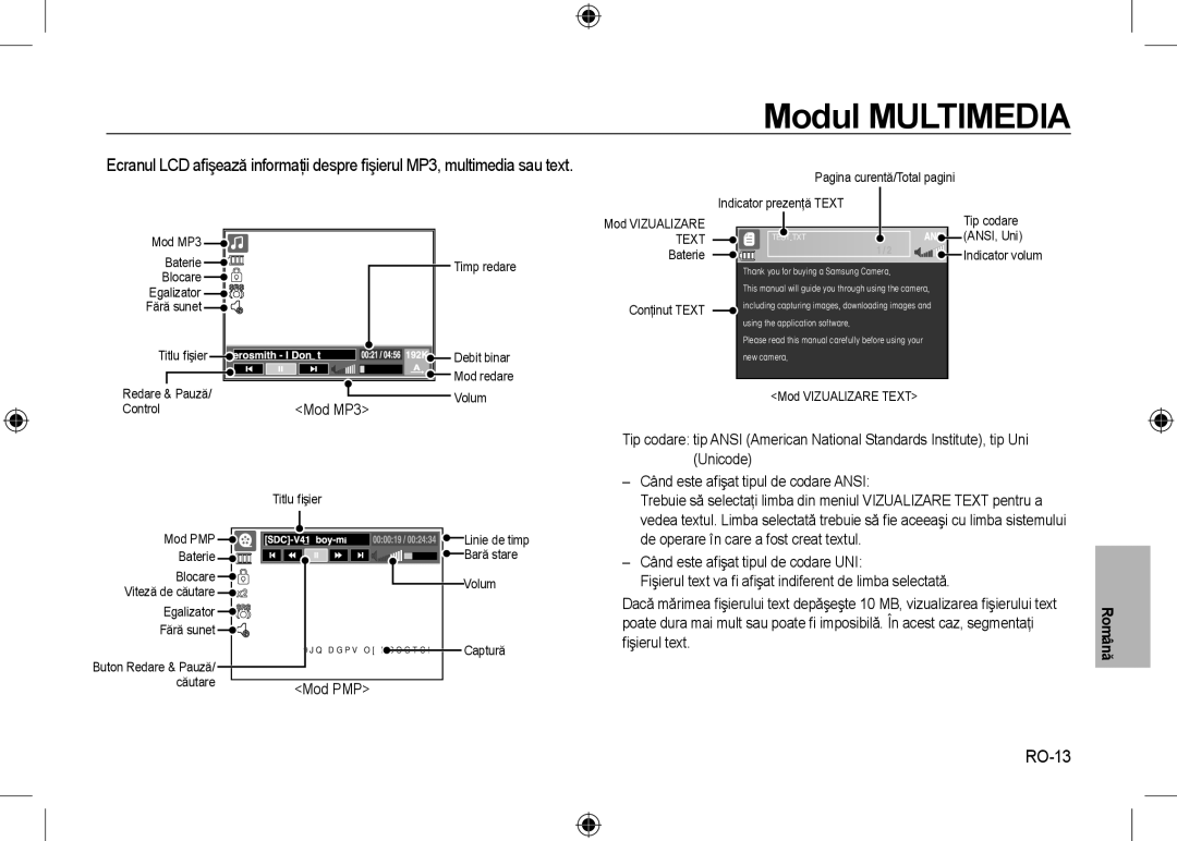 Samsung EC-I8ZZZBBA/AR, EC-I8ZZZPBA/E2, EC-I8ZZZWBA/E3 manual RO-13, Când este aﬁşat tipul de codare Ansi, ﬁşierul text 