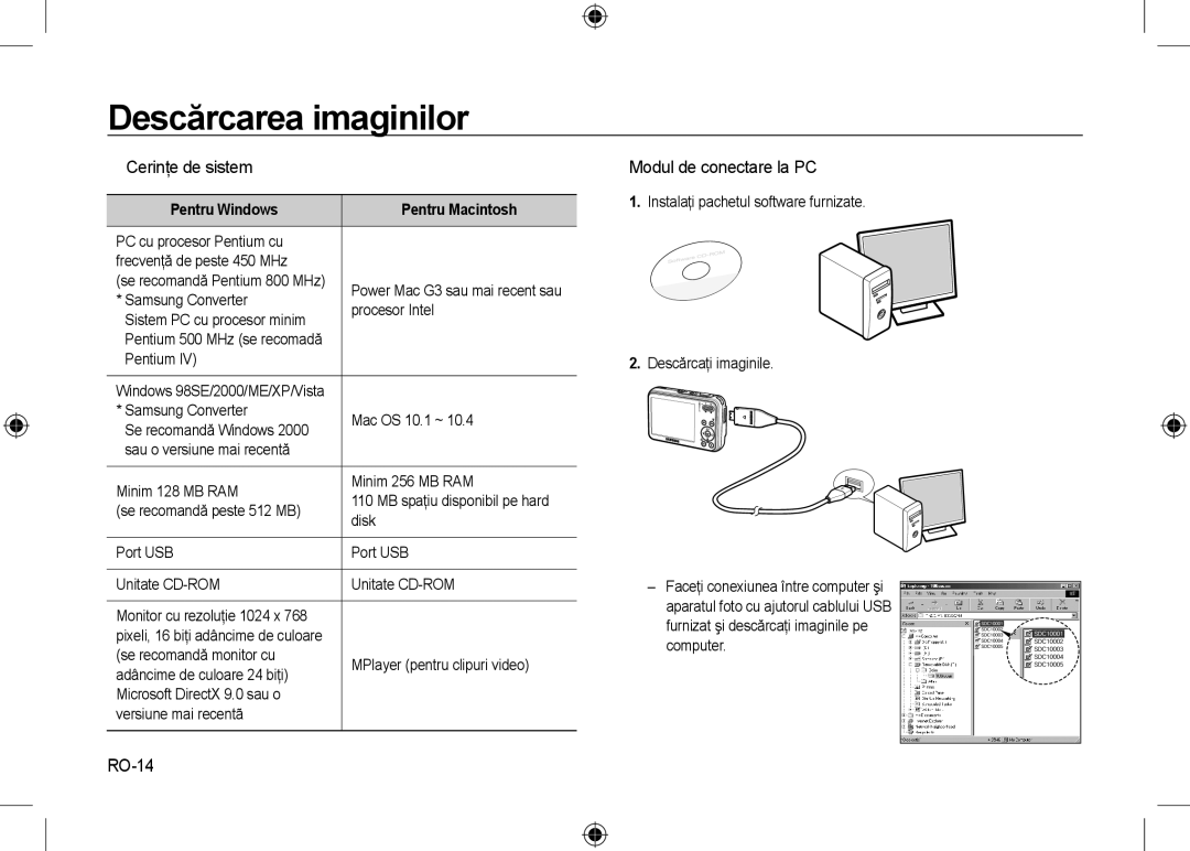 Samsung EC-I8ZZZBBA/GB, EC-I8ZZZPBA/E2 manual Descărcarea imaginilor,  Cerinţe de sistem,  Modul de conectare la PC, RO-14 