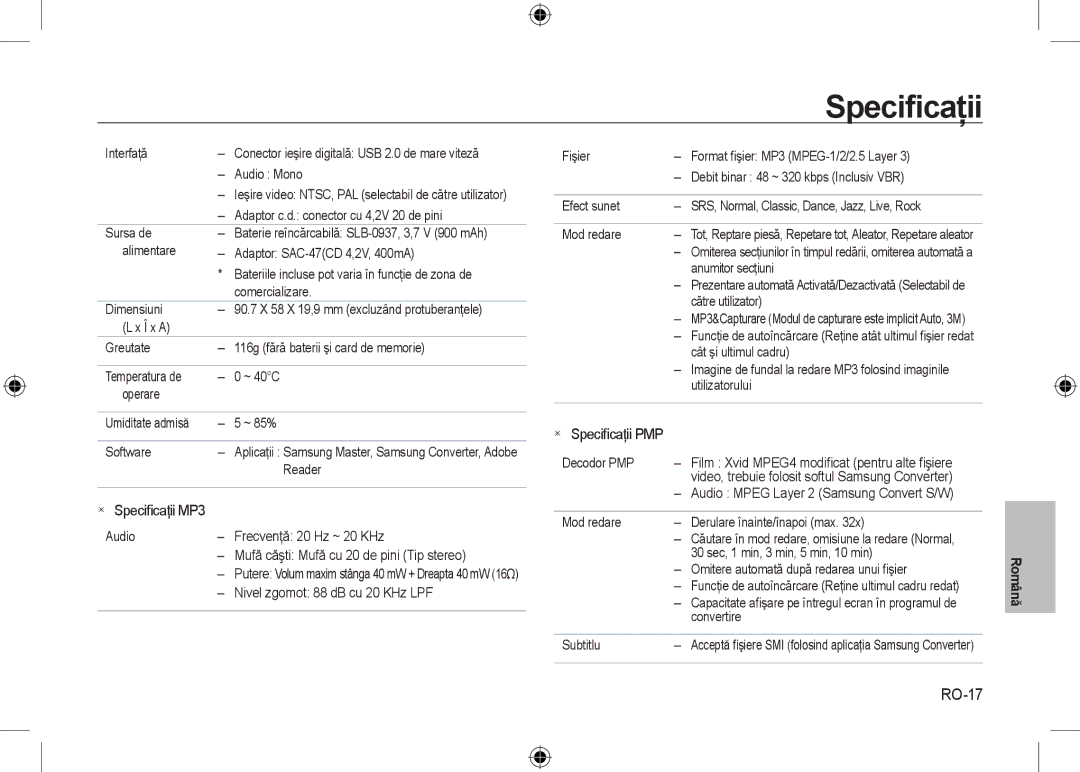 Samsung EC-I8ZZZPBA/US, EC-I8ZZZPBA/E2, EC-I8ZZZWBA/E3, EC-I8ZZZPBA/GB manual RO-17,  Speciﬁcaţii PMP,  Speciﬁcaţii MP3 