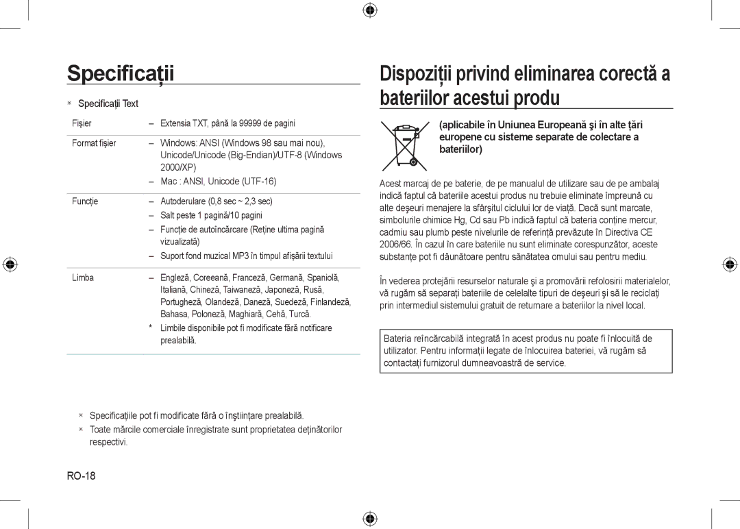 Samsung EC-I8ZZZUBA/DE, EC-I8ZZZPBA/E2 manual RO-18,  Speciﬁcaţii Text, Limba, Italiană, Chineză, Taiwaneză, Japoneză, Rusă 