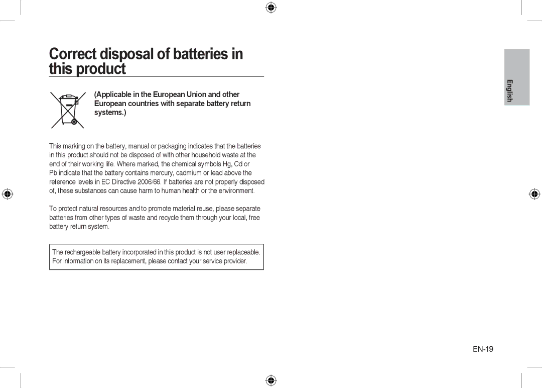 Samsung EC-I8ZZZBBA/E1, EC-I8ZZZPBA/E2, EC-I8ZZZWBA/E3, EC-I8ZZZPBA/GB Correct disposal of batteries in this product, EN-19 