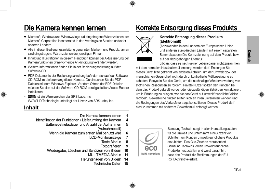 Samsung EC-I8ZZZUBB/E1 Die Kamera kennen lernen, Inhalt, DE-1, Identiﬁkation der Funktionen / Lieferumfang der Kamera 