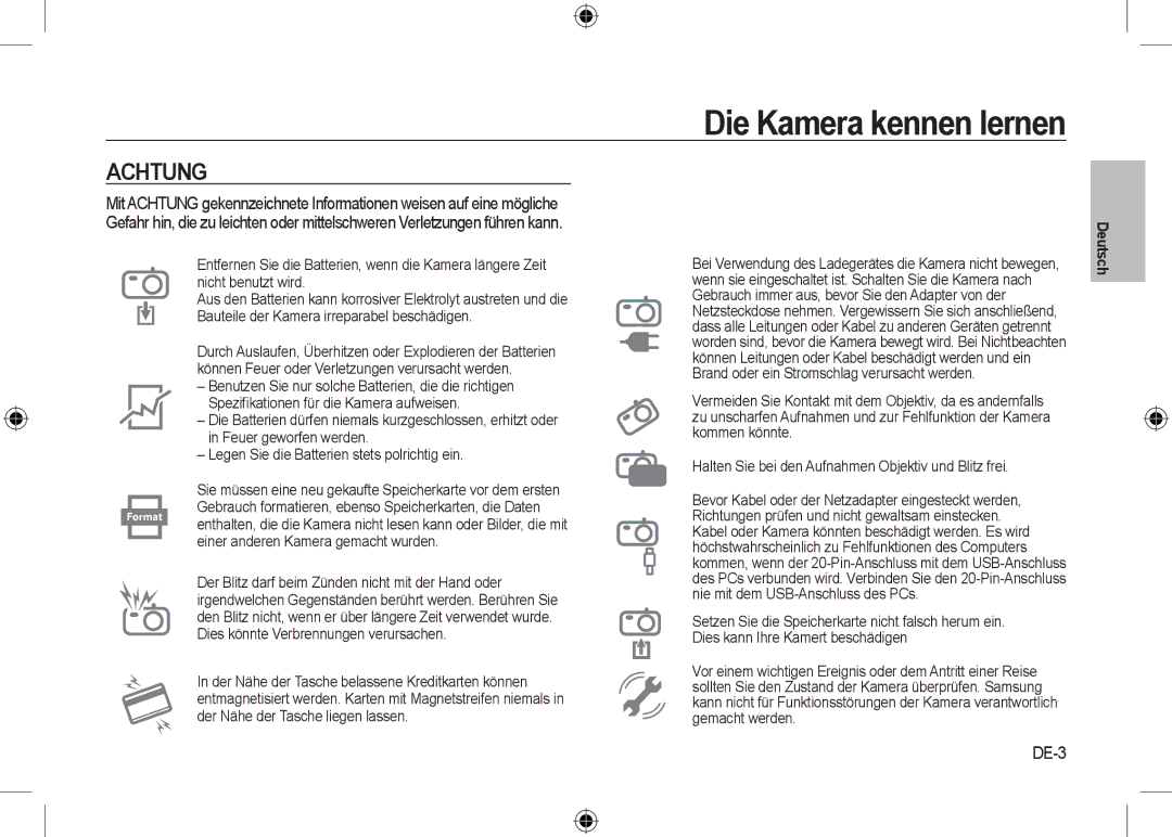 Samsung EC-I8ZZZWBA/E1 manual Achtung, DE-3, Dass alle Leitungen oder Kabel zu anderen Geräten getrennt, Gemacht werden 