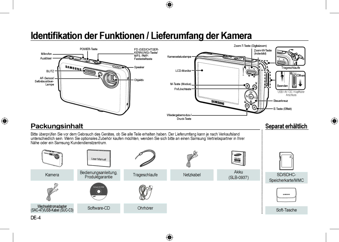 Samsung EC-I8ZZZPBA/IT Identiﬁkation der Funktionen / Lieferumfang der Kamera, Packungsinhalt, Separat erhältlich, DE-4 