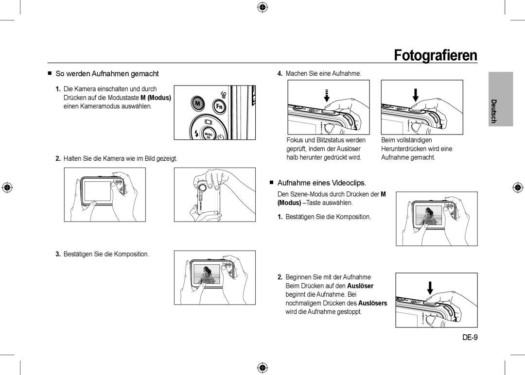 Samsung EC-I8ZZZWBC/E1, EC-I8ZZZPBA/E2 manual Fotograﬁeren,  So werden Aufnahmen gemacht,  Aufnahme eines Videoclips, DE-9 