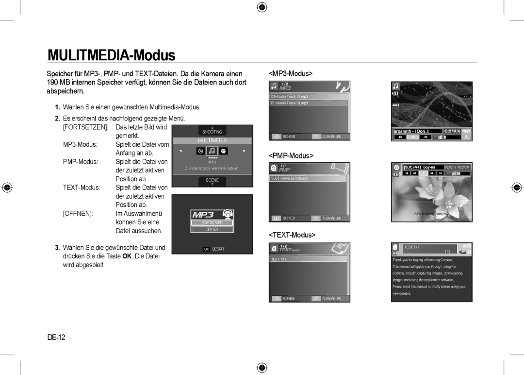 Samsung EC-I8ZZZPBA/CA, EC-I8ZZZPBA/E2, EC-I8ZZZWBA/E3, EC-I8ZZZPBA/GB manual MP3-Modus, PMP-Modus, TEXT-Modus, DE-12 