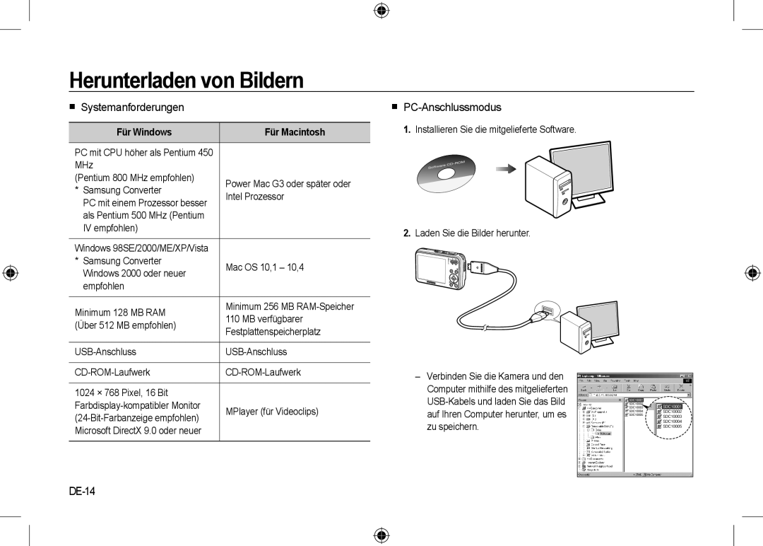 Samsung EC-I8ZZZUBA/E1, EC-I8ZZZPBA/E2 manual Herunterladen von Bildern,  Systemanforderungen,  PC-Anschlussmodus, DE-14 