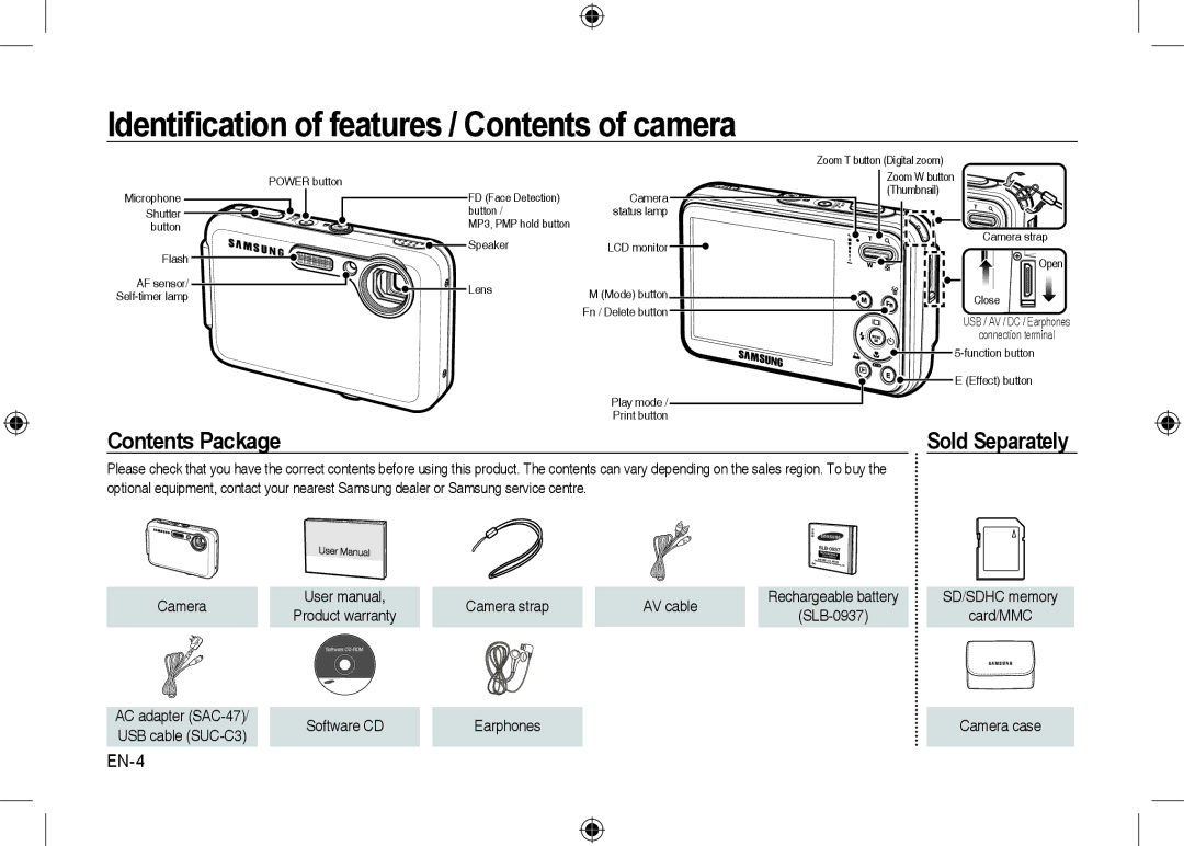 Samsung EC-I8ZZZPBB/FR, EC-I8ZZZPBA/E2, EC-I8ZZZWBA/E3, EC-I8ZZZPBA/GB manual Identiﬁcation of features / Contents of camera 