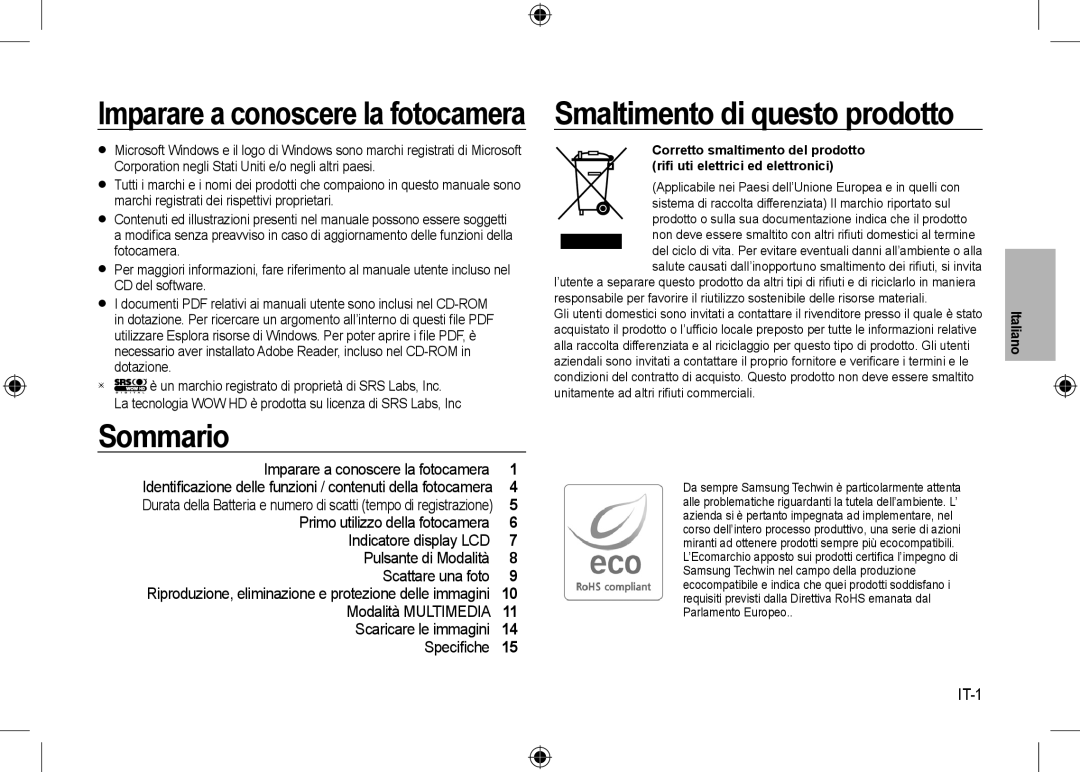 Samsung EC-I8ZZZWBA/AR, EC-I8ZZZPBA/E2 Imparare a conoscere la fotocamera, Sommario, Smaltimento di questo prodotto, IT-1 