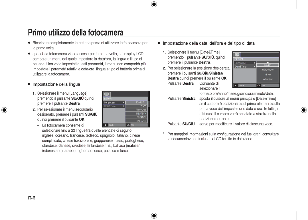 Samsung EC-I8ZZZBBB/AS, EC-I8ZZZPBA/E2, EC-I8ZZZWBA/E3 Primo utilizzo della fotocamera,  Impostazione della lingua, IT-6 