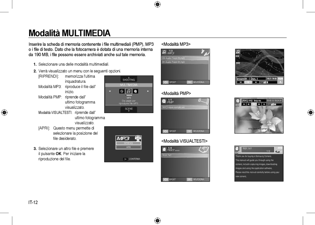 Samsung EC-I8ZZZPBA/DE, EC-I8ZZZPBA/E2, EC-I8ZZZWBA/E3 manual Modalità MP3, Modalità PMP, Modalità Visualtesti, IT-12 