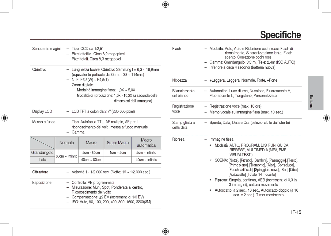 Samsung EC-I8ZZZBBA/HK, EC-I8ZZZPBA/E2, EC-I8ZZZWBA/E3, EC-I8ZZZPBA/GB, EC-I8ZZZBBA/E3, EC-I8ZZZPBB/FR manual Speciﬁche, IT-15 