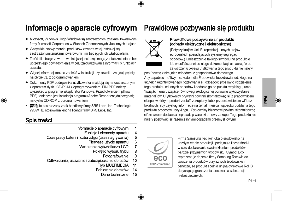 Samsung EC-I8ZZZBBC/E1, EC-I8ZZZPBA/E2 manual Spis treści, Czas pracy baterii i liczba zdjęć czas nagrywania, Polski 