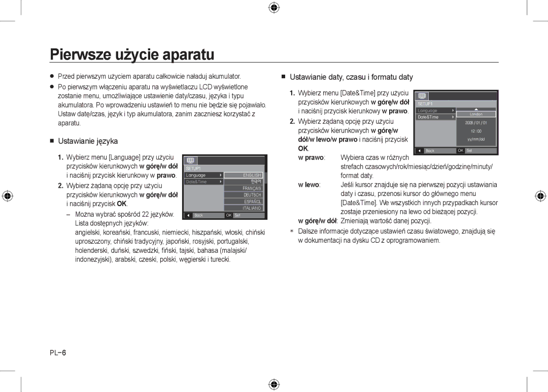 Samsung EC-I8ZZZUBA/RU manual Pierwsze użycie aparatu,  Ustawianie języka,  Ustawianie daty, czasu i formatu daty 