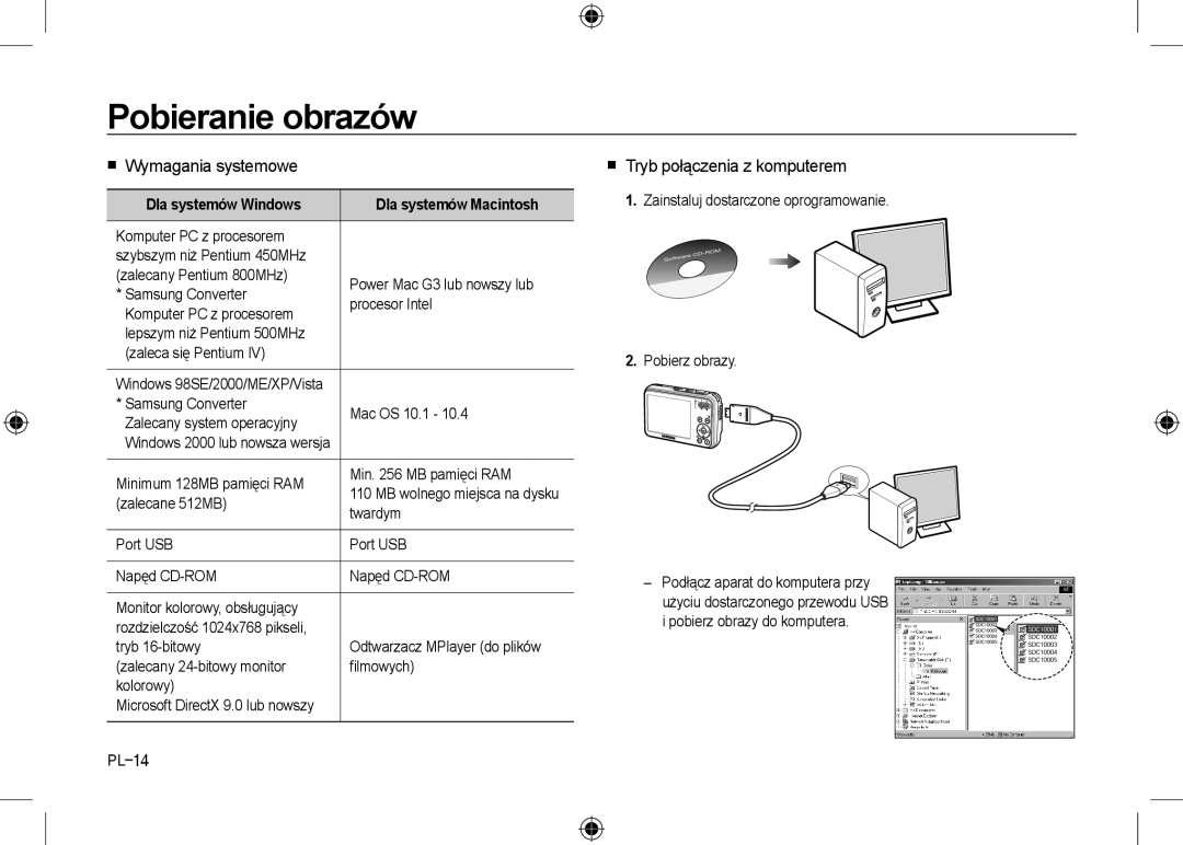 Samsung EC-I8ZZZUBA/AU, EC-I8ZZZPBA/E2 manual Pobieranie obrazów,  Wymagania systemowe,  Tryb połączenia z komputerem 