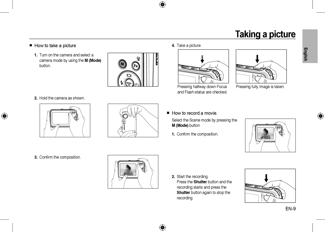 Samsung EC-I8ZZZBBA/FR, EC-I8ZZZPBA/E2 manual Taking a picture,  How to take a picture,  How to record a movie, EN-9 