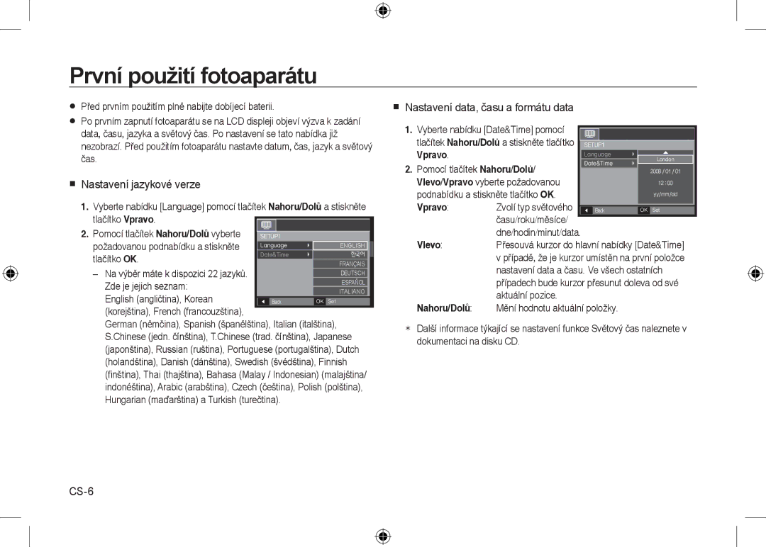 Samsung EC-I8ZZZWBB/E1 První použití fotoaparátu,  Nastavení jazykové verze,  Nastavení data, času a formátu data, CS-6 